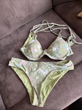 Olive Floral Underwire Tie-Strap Bikini Set